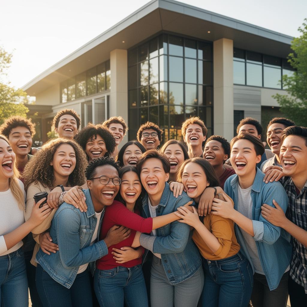 A joyful, diverse group of young people laughing together outside North Gate Chapel