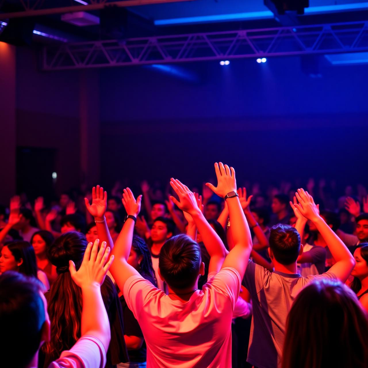Young, diverse North Gate Chapel congregation worshipping with hands raised under vibrant stage lights